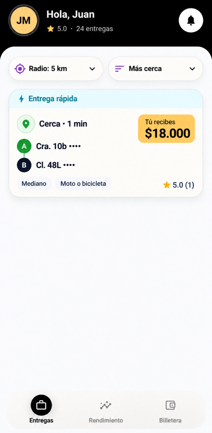 Pantalla de Yega para encontrar entregas